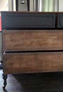 Adding stencils to revamped chalk painted dresser.