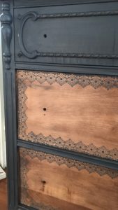 Adding stencils to revamped chalk painted dresser.