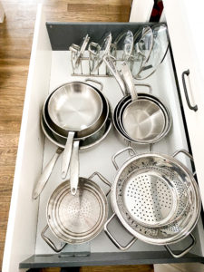 organized pot and pan drawer