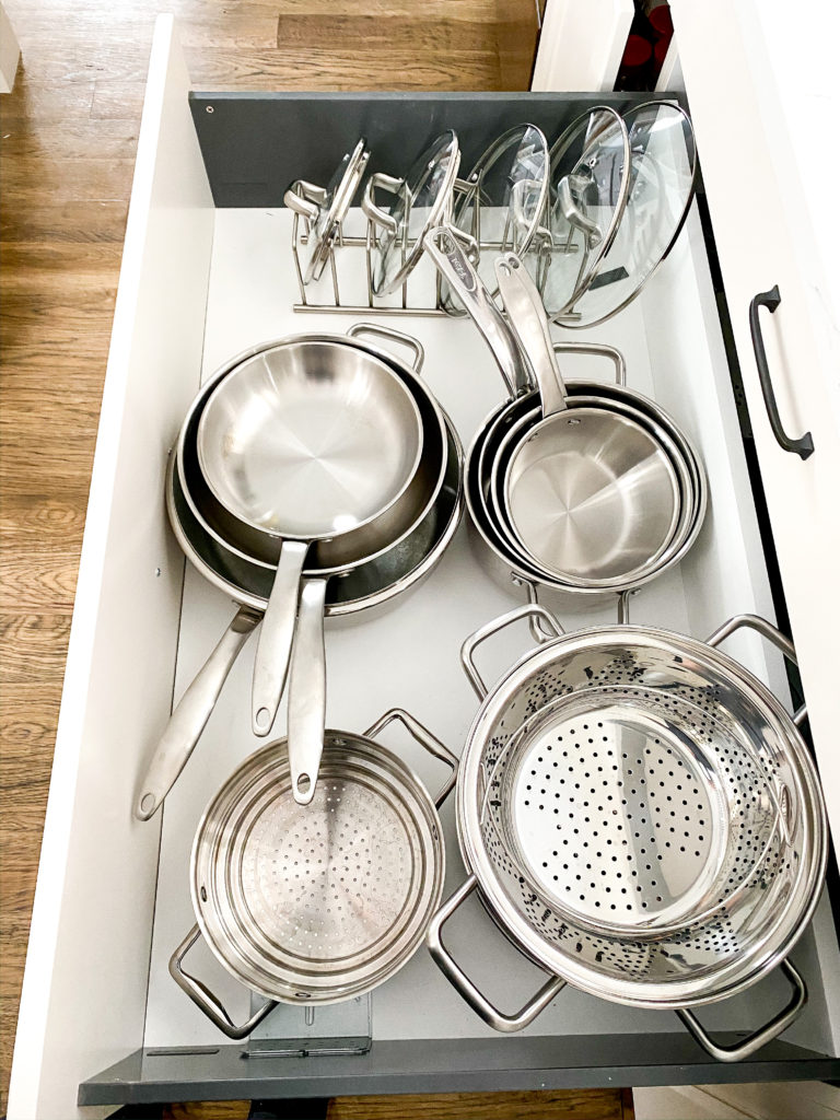 organized pot and pan drawer