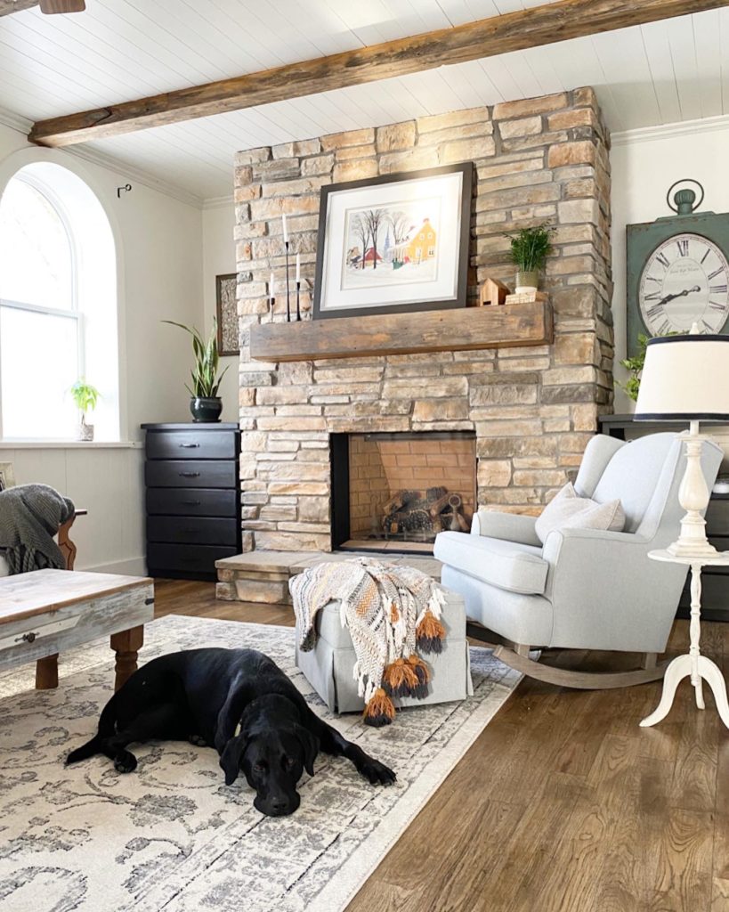 whitewash stone fireplace before and after