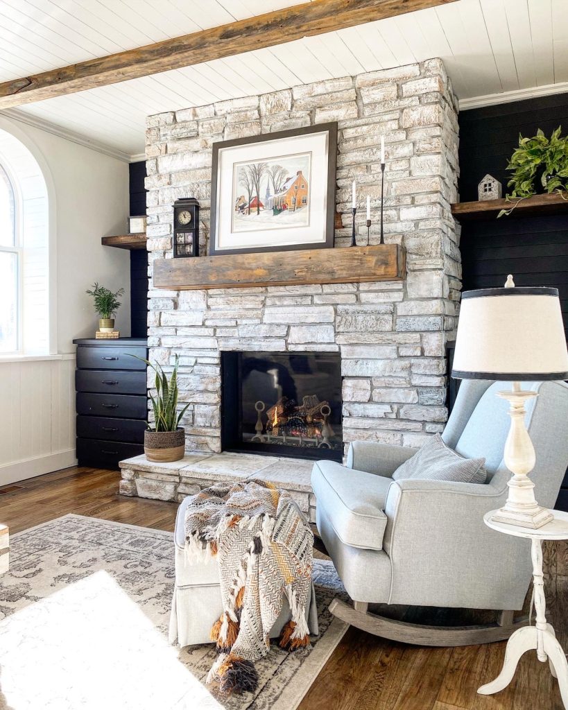 whitewash stone fireplace before and after